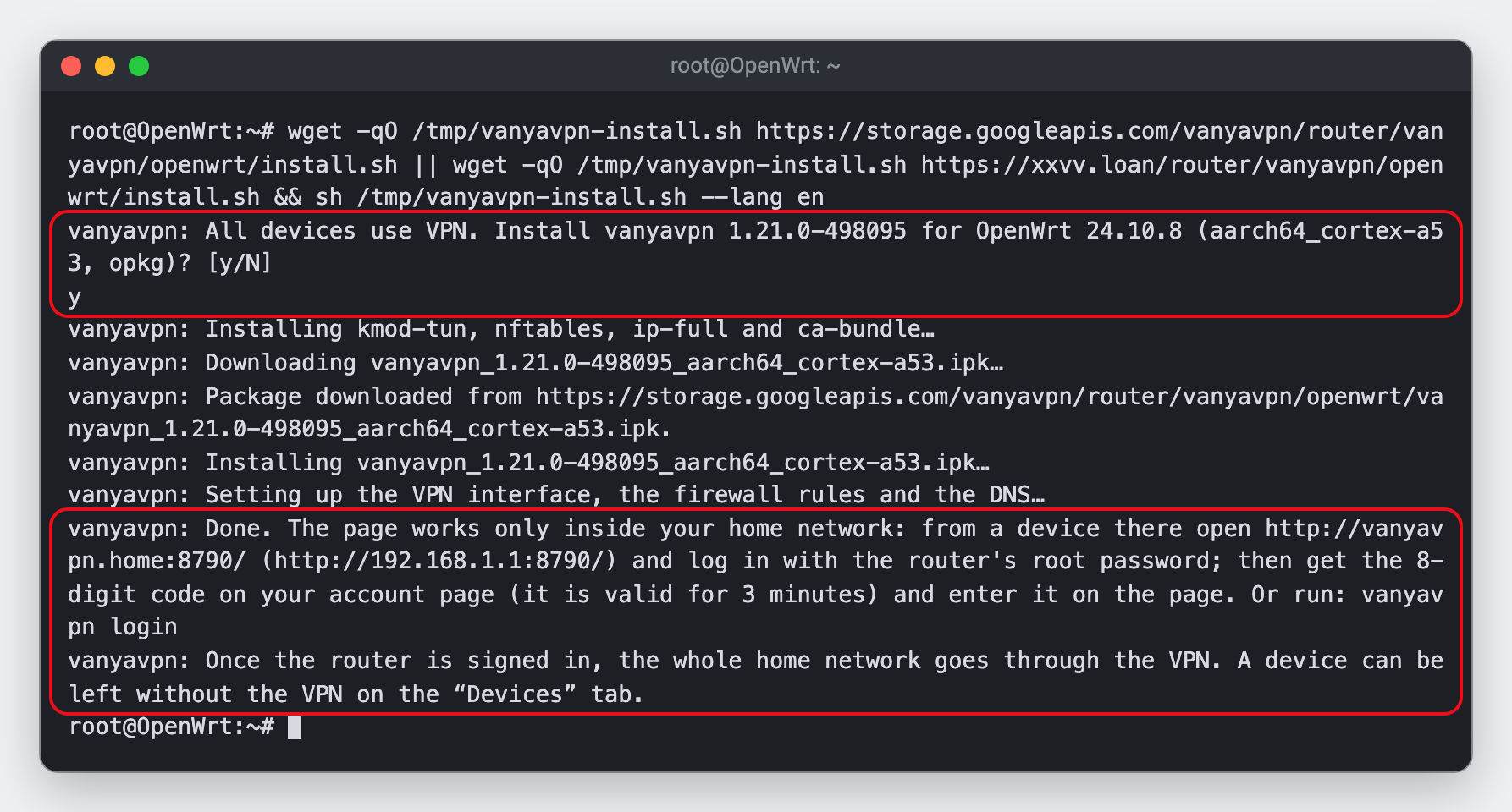 Example of the installer output in an SSH window. The installer’s question with the y answer and the two closing lines, Done with the router page address and a note about the home network, are framed
