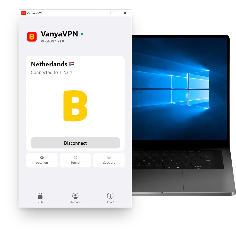 VanyaVPN window on Windows 10, connected to the Netherlands