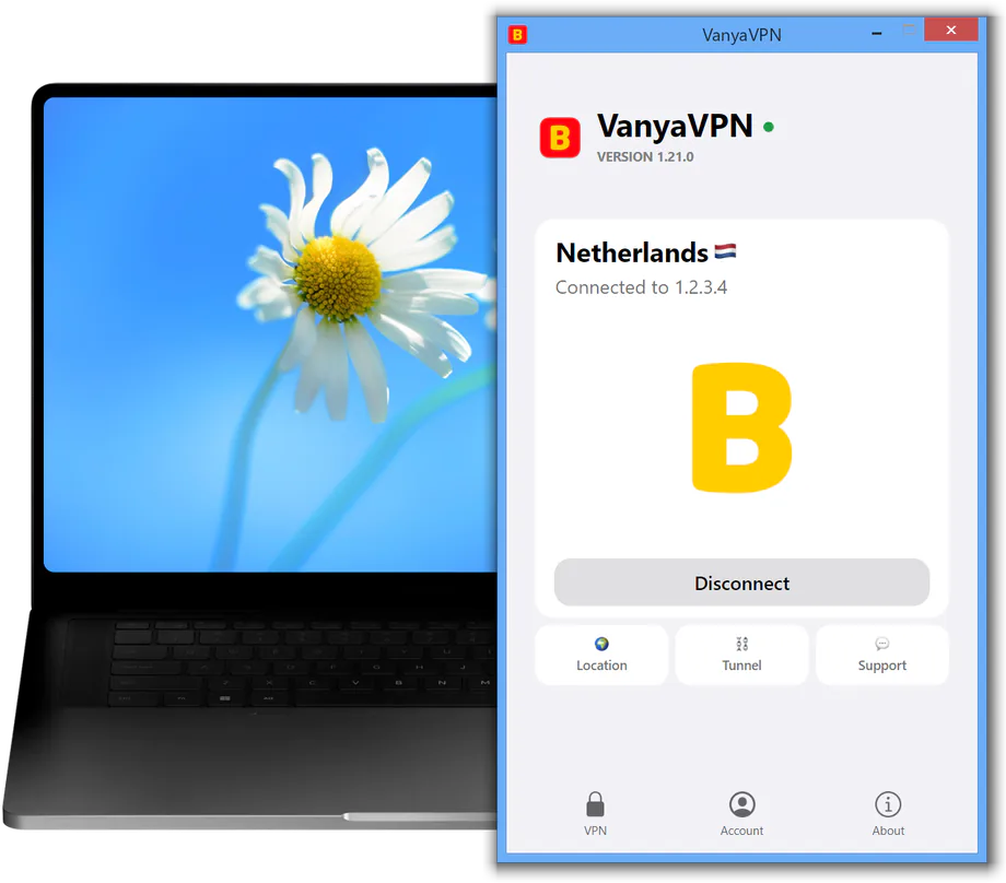The VanyaVPN window on a Windows 8 laptop: connected, location Netherlands